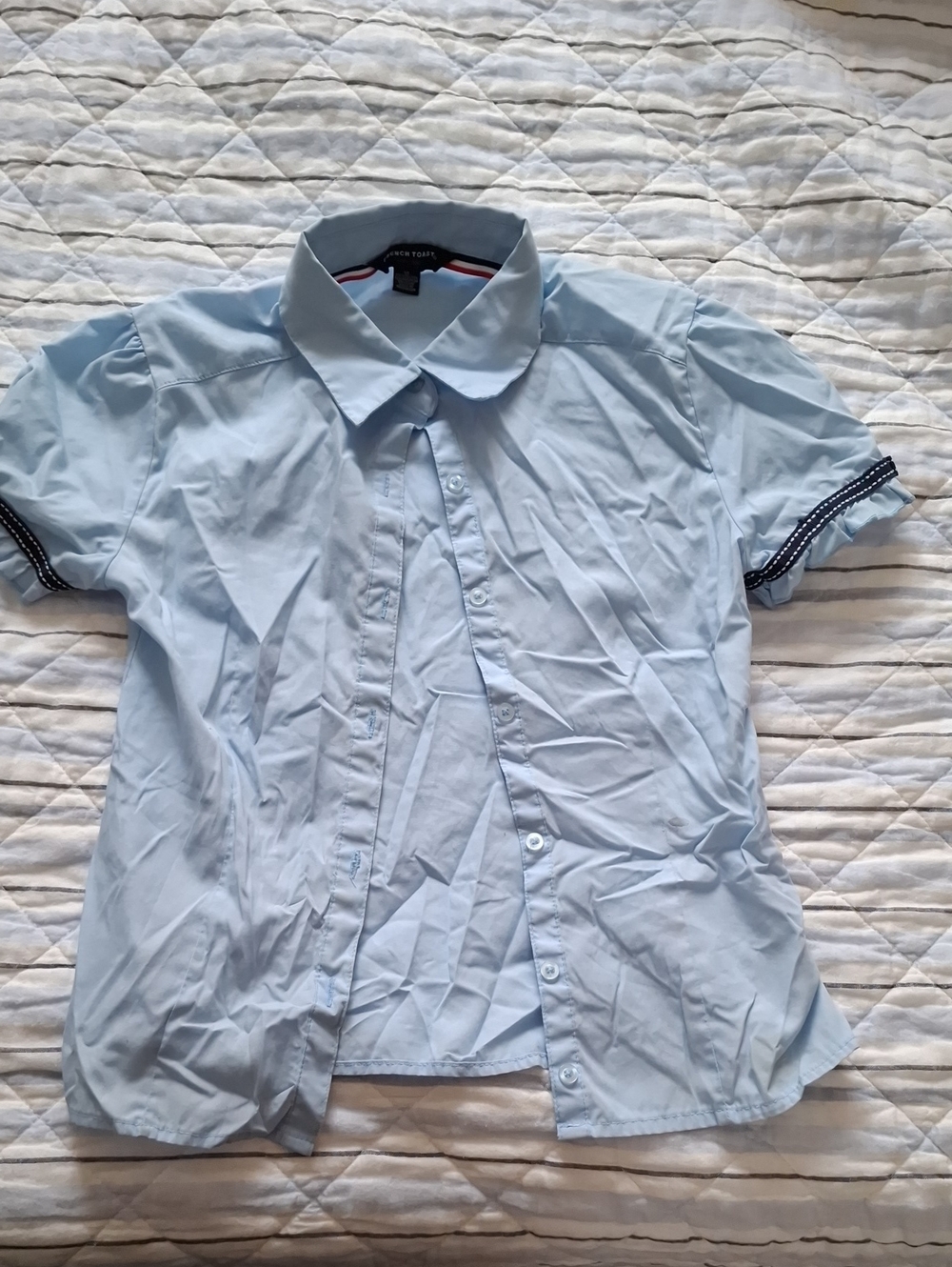French Toast Light Blue Short Sleeve Button-Down Shirt with Navy Trim